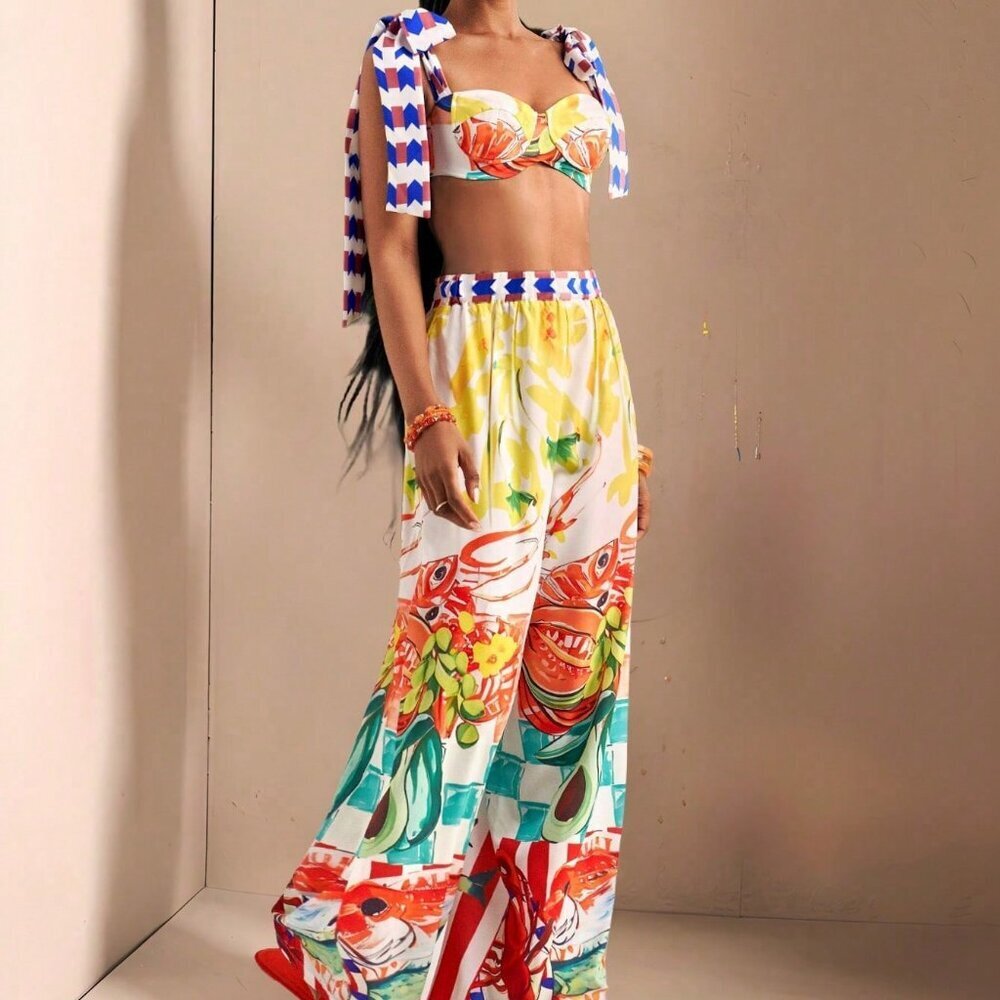 Boho Women's Beach Holiday Bowknot Shoulder Straps crop top and pants set - Picture 4 of 6